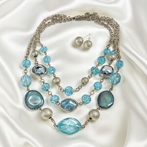 Elegant Silver Multi-Layer Necklace & Colorful Bead $ Crystal - Stud Earrings